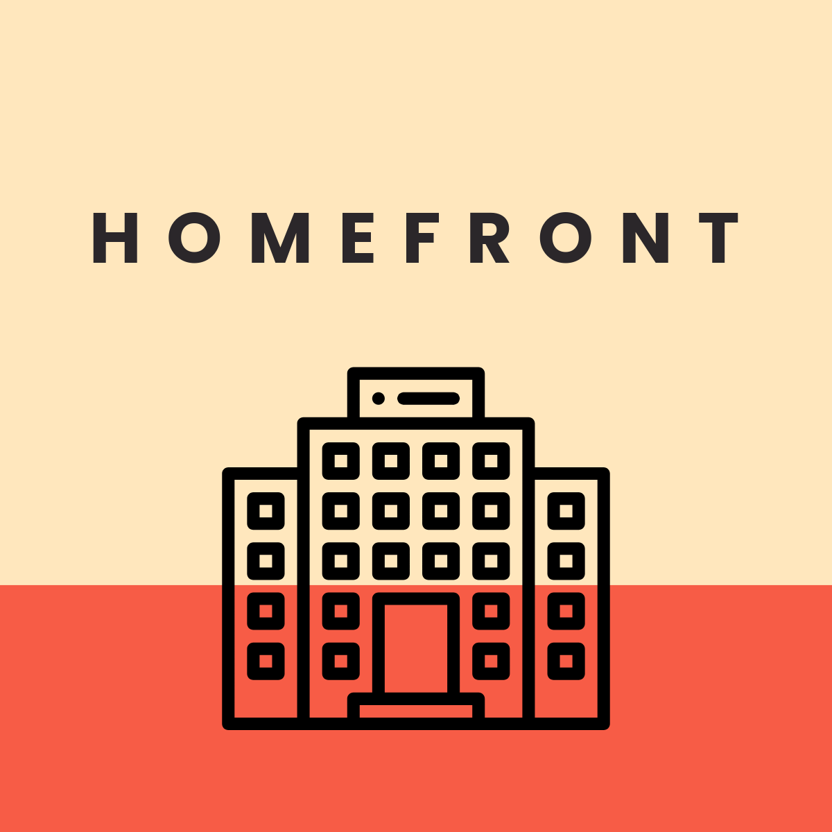 Homefront podcast cover: an illustrated apartment block on a cream and coral background